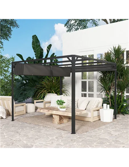 Outsunny 3 x 3m Aluminium Pergola, with Retractable Roof and Wall - Dark Grey