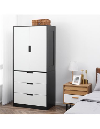 HOMCOM 2 Door Wardrobe, Modern Wardrobe with 3 Drawers and Hanging Rod for Bedroom, Black