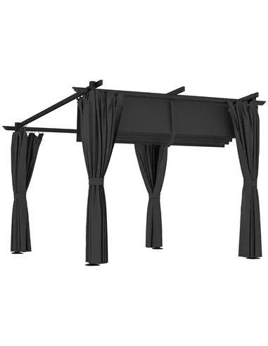 Outsunny 3 x 3 m Retractable Roof Pergola, with Curtains - Dark Grey