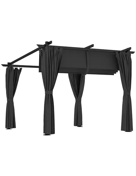 Outsunny 3 x 3 m Retractable Roof Pergola, with Curtains - Dark Grey