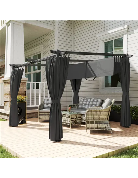 Outsunny 3 x 3 m Retractable Roof Pergola, with Curtains - Dark Grey