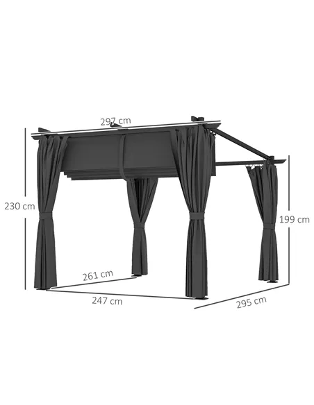 Outsunny 3 x 3 m Retractable Roof Pergola, with Curtains - Dark Grey