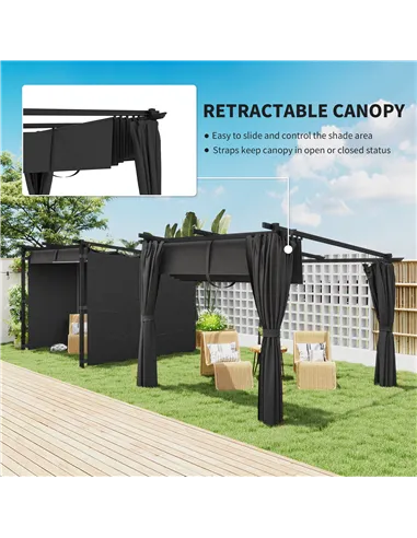 Outsunny 3 x 3 m Retractable Roof Pergola, with Curtains - Dark Grey