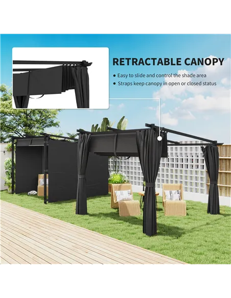 Outsunny 3 x 3 m Retractable Roof Pergola, with Curtains - Dark Grey