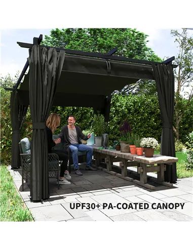 Outsunny 3 x 3 m Retractable Roof Pergola, with Curtains - Dark Grey