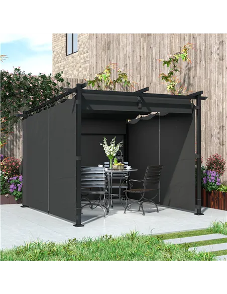 Outsunny 3 x 3 m Retractable Roof Pergola, with Curtains - Dark Grey