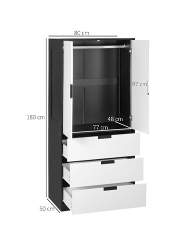 HOMCOM 2 Door Wardrobe, Modern Wardrobe with 3 Drawers and Hanging Rod for Bedroom, Black