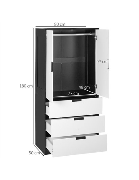 HOMCOM 2 Door Wardrobe, Modern Wardrobe with 3 Drawers and Hanging Rod for Bedroom, Black