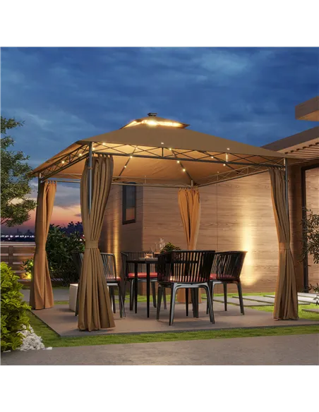 Outsunny 3 x 3 m Solar LED Metal Gazebo - Brown
