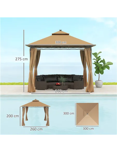 Outsunny 3 x 3 m Solar LED Metal Gazebo - Brown