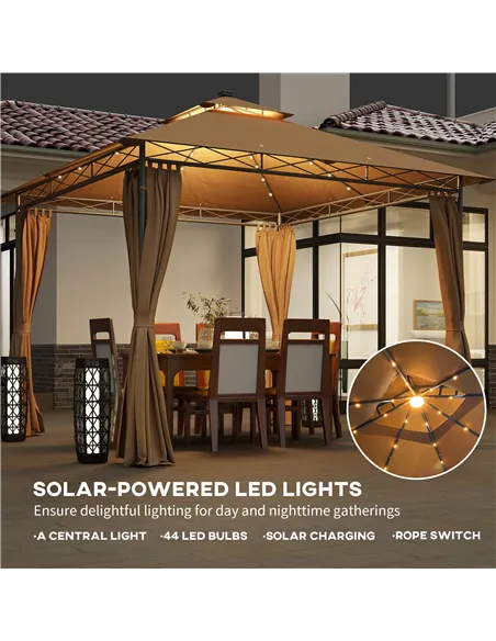 Outsunny 3 x 3 m Solar LED Metal Gazebo - Brown