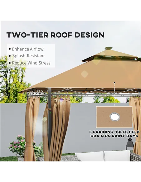 Outsunny 3 x 3 m Solar LED Metal Gazebo - Brown