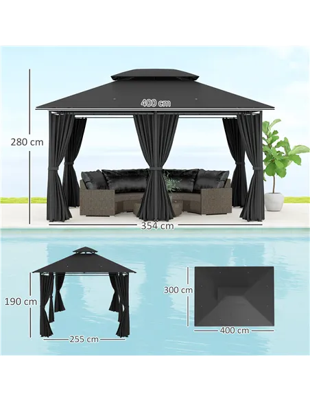 Outsunny 3 x 4m Steel Gazebo, with Curtains - Black