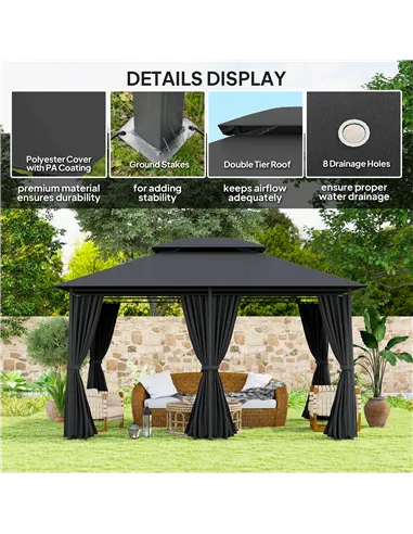 Outsunny 3 x 4m Steel Gazebo, with Curtains - Black