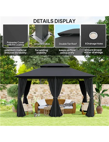 Outsunny 3 x 4m Steel Gazebo, with Curtains - Black