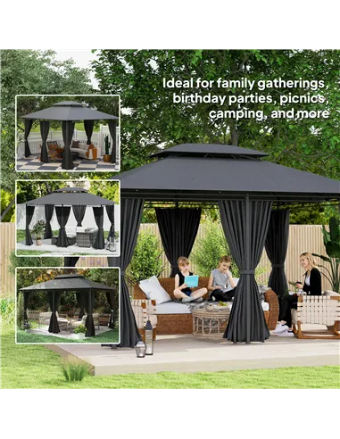 Outsunny 3 x 4m Steel Gazebo, with Curtains - Black