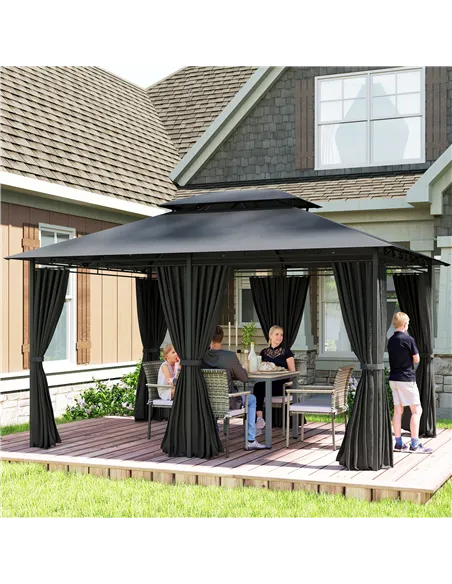 Outsunny 3 x 4m Steel Gazebo, with Curtains - Black
