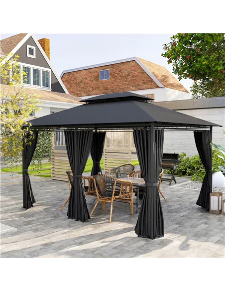 Outsunny 3 x 4m Steel Gazebo, with Curtains - Black