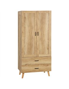 HOMCOM 2 Door Wardrobe, Modern Wardrobe with 2 Drawer and Hanging Rail for Bedroom, Natural