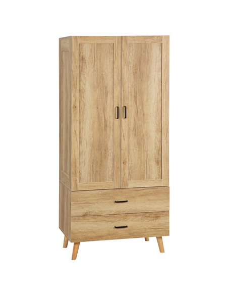 HOMCOM 2 Door Wardrobe, Modern Wardrobe with 2 Drawer and Hanging Rail for Bedroom, Natural