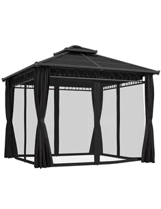 Outsunny 3 x 3 (m) Outdoor Polycarbonate Gazebo, Double Roof Hard Top Gazebo with Galvanised Steel Frame, Nettings & Curtains fo