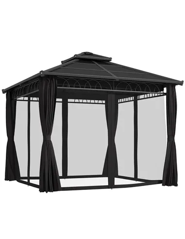 Outsunny 3 x 3 (m) Outdoor Polycarbonate Gazebo, Double Roof Hard Top Gazebo with Galvanised Steel Frame, Nettings & Curtains fo