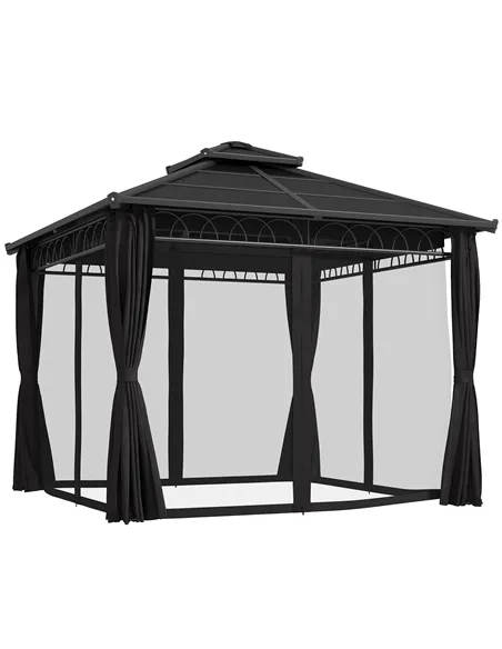 Outsunny 3 x 3 (m) Outdoor Polycarbonate Gazebo, Double Roof Hard Top Gazebo with Galvanised Steel Frame, Nettings & Curtains fo