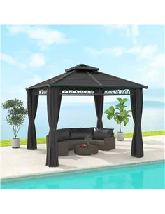 Outsunny 3 x 3 (m) Outdoor Polycarbonate Gazebo, Double Roof Hard Top Gazebo with Galvanised Steel Frame, Nettings & Curtains fo 2