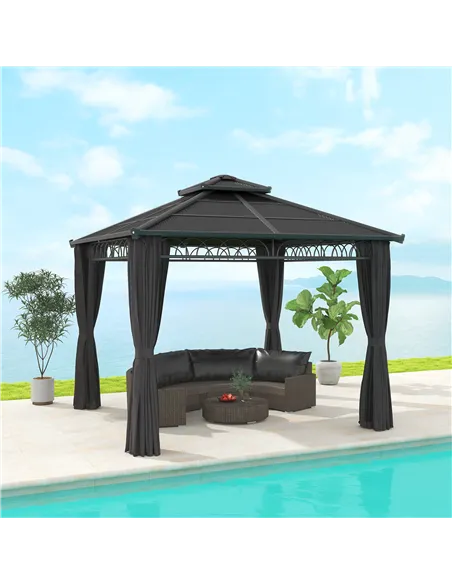 Outsunny 3 x 3 (m) Outdoor Polycarbonate Gazebo, Double Roof Hard Top Gazebo with Galvanised Steel Frame, Nettings & Curtains fo