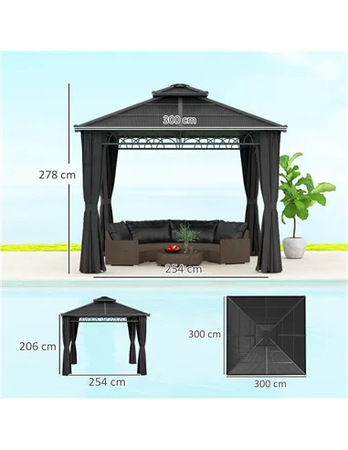 Outsunny 3 x 3 (m) Outdoor Polycarbonate Gazebo, Double Roof Hard Top Gazebo with Galvanised Steel Frame, Nettings & Curtains fo