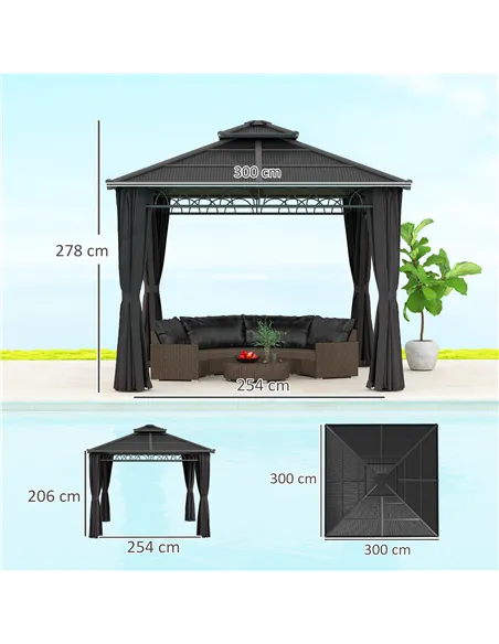 Outsunny 3 x 3 (m) Outdoor Polycarbonate Gazebo, Double Roof Hard Top Gazebo with Galvanised Steel Frame, Nettings & Curtains fo