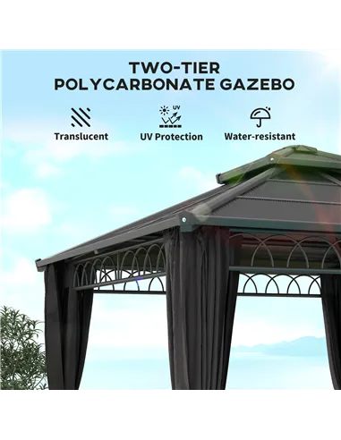 Outsunny 3 x 3 (m) Outdoor Polycarbonate Gazebo, Double Roof Hard Top Gazebo with Galvanised Steel Frame, Nettings & Curtains fo