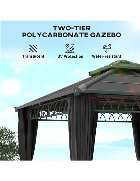 Outsunny 3 x 3 (m) Outdoor Polycarbonate Gazebo, Double Roof Hard Top Gazebo with Galvanised Steel Frame, Nettings & Curtains fo