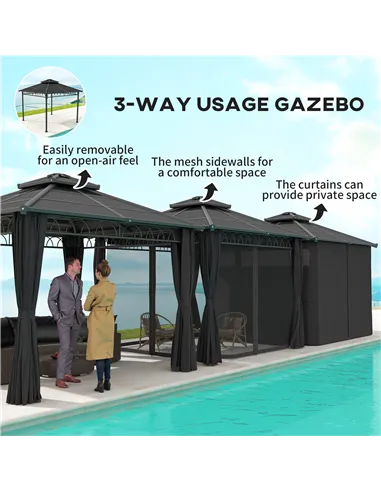Outsunny 3 x 3 (m) Outdoor Polycarbonate Gazebo, Double Roof Hard Top Gazebo with Galvanised Steel Frame, Nettings & Curtains fo