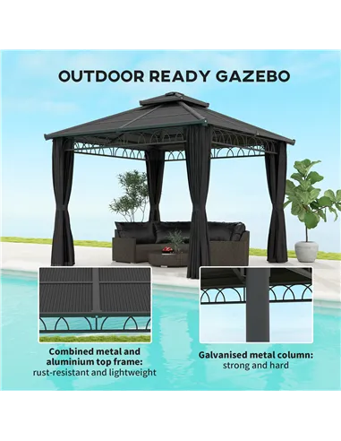 Outsunny 3 x 3 (m) Outdoor Polycarbonate Gazebo, Double Roof Hard Top Gazebo with Galvanised Steel Frame, Nettings & Curtains fo