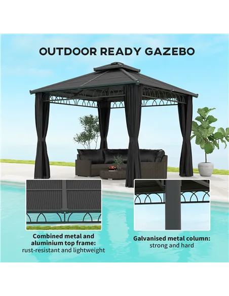 Outsunny 3 x 3 (m) Outdoor Polycarbonate Gazebo, Double Roof Hard Top Gazebo with Galvanised Steel Frame, Nettings & Curtains fo