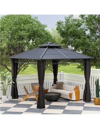Outsunny 3 x 3 (m) Outdoor Polycarbonate Gazebo, Double Roof Hard Top Gazebo with Galvanised Steel Frame, Nettings & Curtains fo