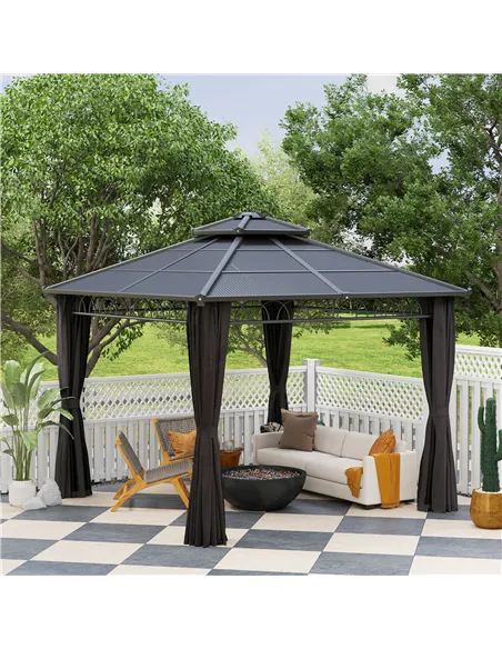 Outsunny 3 x 3 (m) Outdoor Polycarbonate Gazebo, Double Roof Hard Top Gazebo with Galvanised Steel Frame, Nettings & Curtains fo