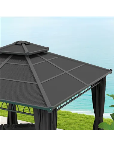 Outsunny 3 x 3 (m) Outdoor Polycarbonate Gazebo, Double Roof Hard Top Gazebo with Galvanised Steel Frame, Nettings & Curtains fo