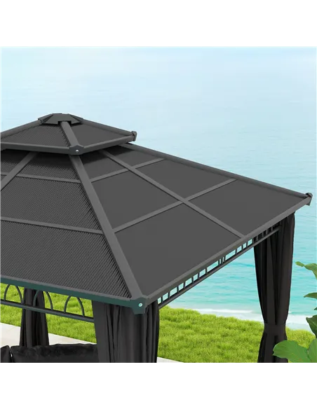 Outsunny 3 x 3 (m) Outdoor Polycarbonate Gazebo, Double Roof Hard Top Gazebo with Galvanised Steel Frame, Nettings & Curtains fo