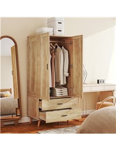 HOMCOM 2 Door Wardrobe, Modern Wardrobe with 2 Drawer and Hanging Rail for Bedroom, Natural 2