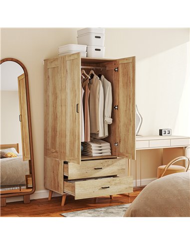 HOMCOM 2 Door Wardrobe, Modern Wardrobe with 2 Drawer and Hanging Rail for Bedroom, Natural