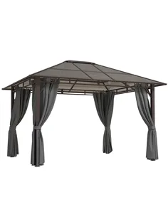 Outsunny 3 x 3.6m Hardtop Gazebo Canopy with Polycarbonate Roof Garden Pavilion with Removable Curtains and Steel Frame, Dark Gr