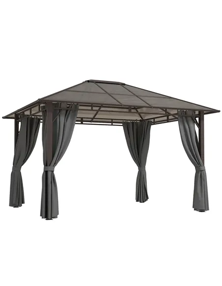 Outsunny 3 x 3.6m Hardtop Gazebo Canopy with Polycarbonate Roof Garden Pavilion with Removable Curtains and Steel Frame, Dark Gr