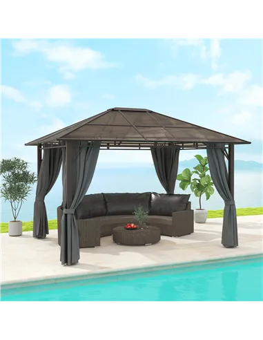 Outsunny 3 x 3.6m Hardtop Gazebo Canopy with Polycarbonate Roof Garden Pavilion with Removable Curtains and Steel Frame, Dark Gr