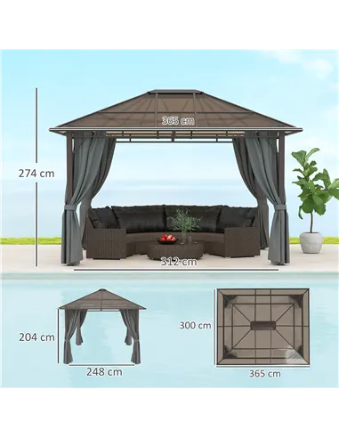 Outsunny 3 x 3.6m Hardtop Gazebo Canopy with Polycarbonate Roof Garden Pavilion with Removable Curtains and Steel Frame, Dark Gr
