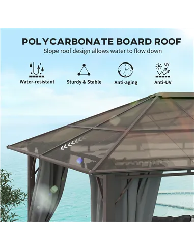Outsunny 3 x 3.6m Hardtop Gazebo Canopy with Polycarbonate Roof Garden Pavilion with Removable Curtains and Steel Frame, Dark Gr