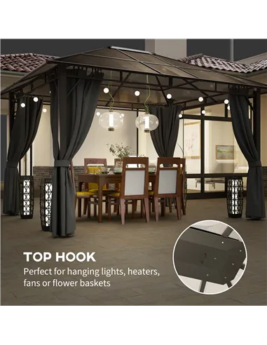 Outsunny 3 x 3.6m Hardtop Gazebo Canopy with Polycarbonate Roof Garden Pavilion with Removable Curtains and Steel Frame, Dark Gr