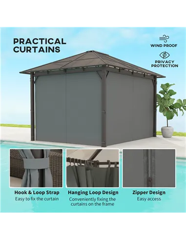 Outsunny 3 x 3.6m Hardtop Gazebo Canopy with Polycarbonate Roof Garden Pavilion with Removable Curtains and Steel Frame, Dark Gr