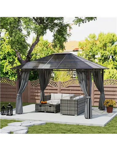 Outsunny 3 x 3.6m Hardtop Gazebo Canopy with Polycarbonate Roof Garden Pavilion with Removable Curtains and Steel Frame, Dark Gr
